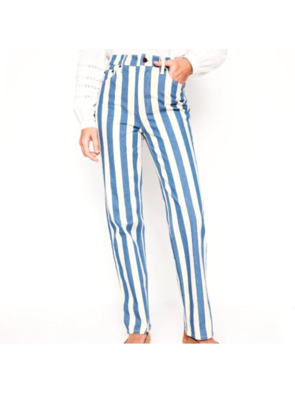 Boden High Rise Striped Straight Leg Jeans Blue and White 28 - Picture 2 of 9